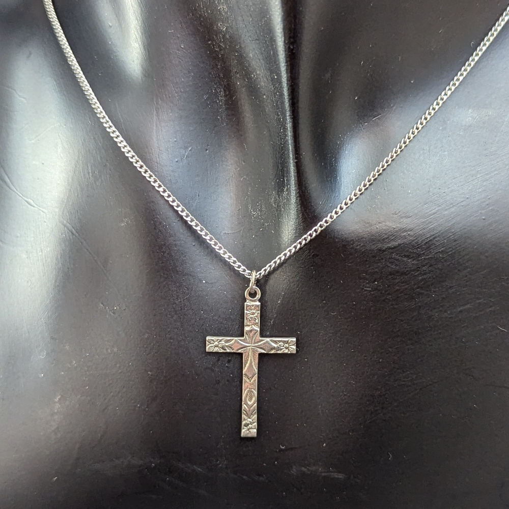 Cross Necklace Silvertone Cross Pendant 10" Christian prayer Catholic Vintage